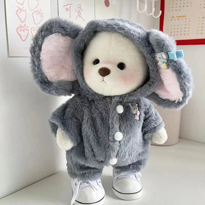 Grey elephant print plush jumpsuit outfit for a 30cm tall teddy bear or doll.