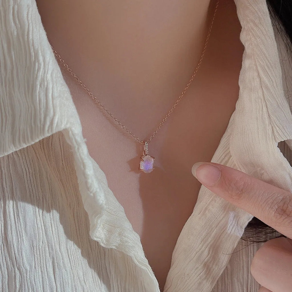 S925 sterling silver moonstone necklace with geometric crystal pendant on curb chain