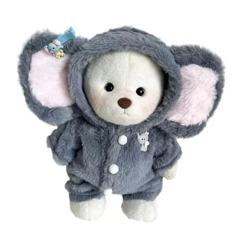 Grey elephant print plush jumpsuit outfit for a 30cm tall teddy bear or doll.
