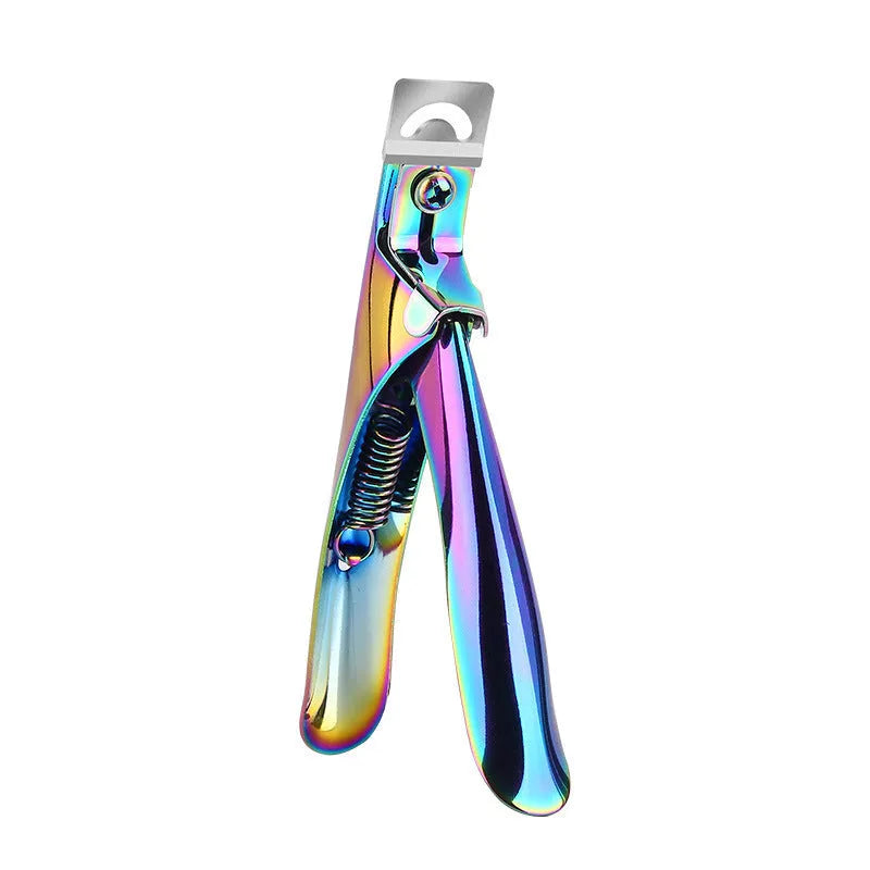 Close-up of stainless steel U-shaped nail art scissors with an electrophoretic black finish.