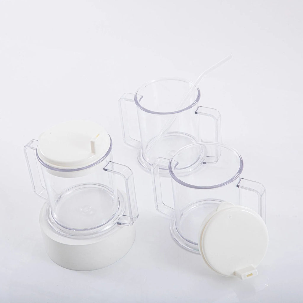 Transparent plastic drinking cup with a simple, modern design on a plain background.