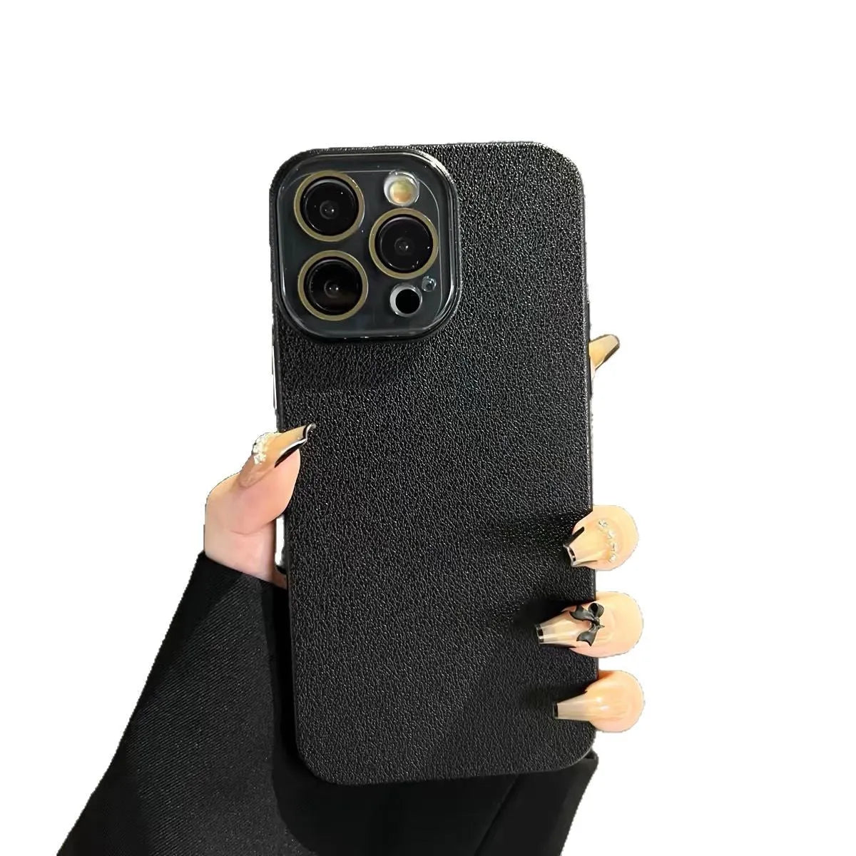 Hard shell iPhone case with embossed lychee pattern in black, brown, or taro purple for iPhone 11 to 16.