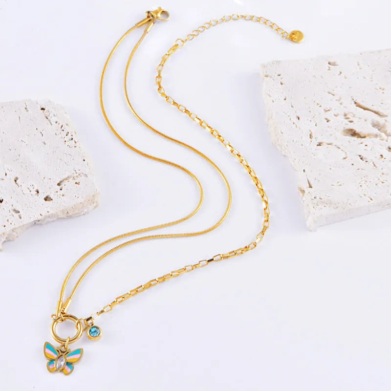 Gold colour epoxy butterfly necklace bracelet set with titanium steel snake bones chain