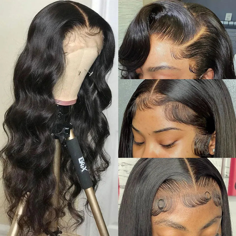 Black synthetic front lace wig with long curly hair and side bangs on a mannequin head.
