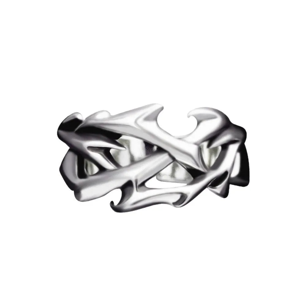 Copper geometric thorn flower ring with adjustable opening on a neutral background.