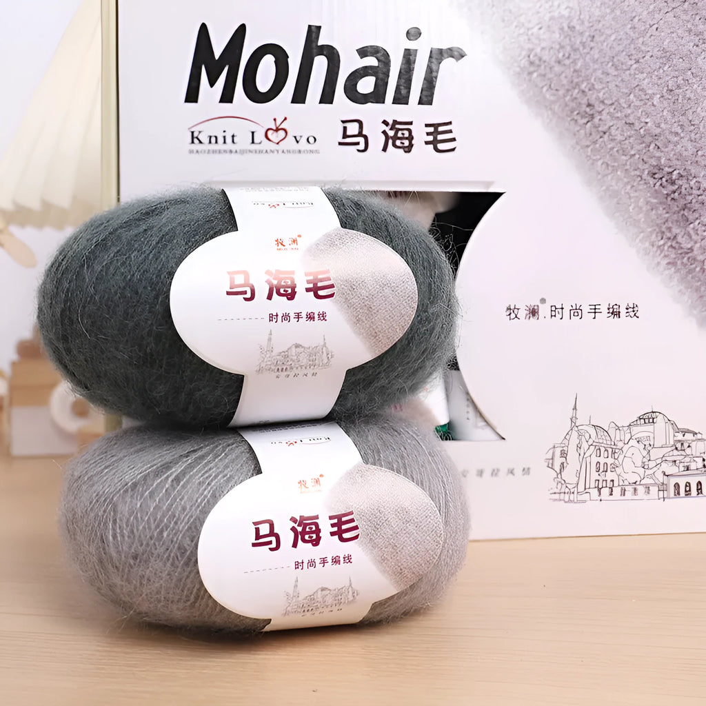 Hand-woven DIY mohair scarf kit with wool ball, shown in a selection of colours including beige, pink, and blue.