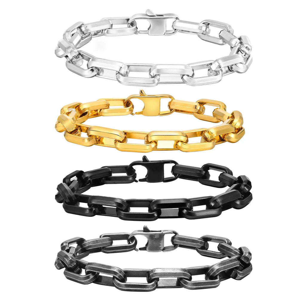 Men's simple square chain bracelet in titanium steel, shown in black, gold, retro, and steel colour options.