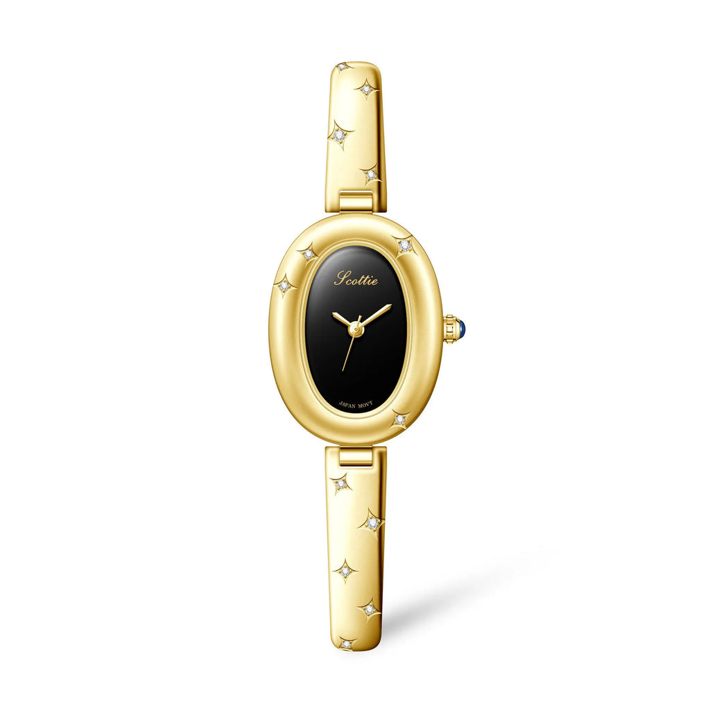 Oval disk bracelet watch with mineral glass mirror and rose gold clasp on a light background