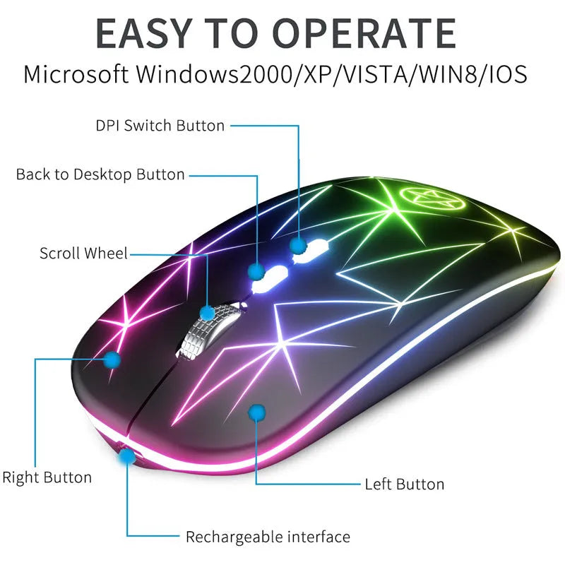 Wireless Bluetooth gaming mouse with metal scroll wheel, five buttons, and luminous charging indicator