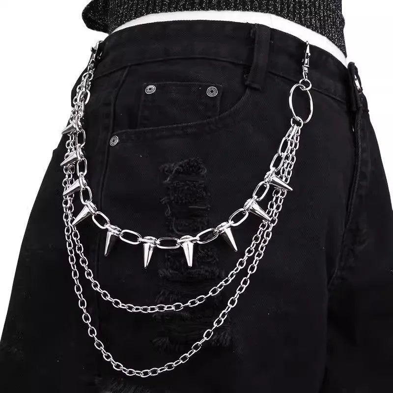 Silver metal double layer pants chain with rivet detailing for dark punk fashion 115cm length