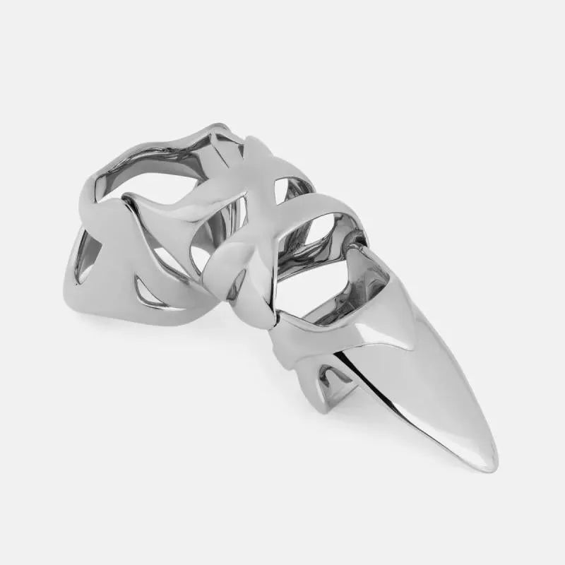 Silver zinc alloy punk armour finger stall ring for gothic and cosplay fashion.