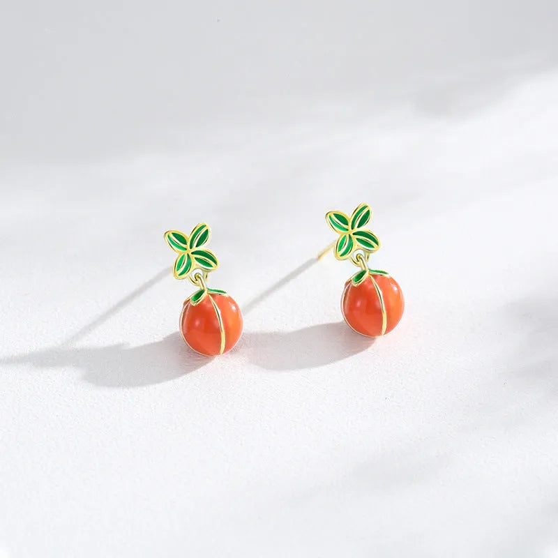 S925 sterling silver stud earrings with a red lucky persimmon charm, new Chinese style.