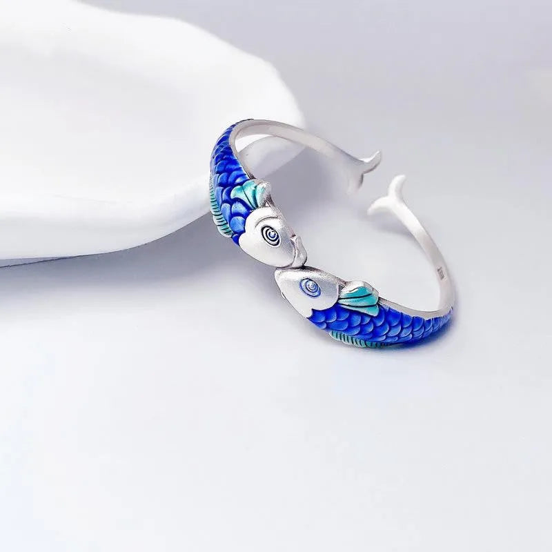 Ethnic style blue carp bracelet with silver electroplated copper finish, 60mm inner diameter, 13mm width