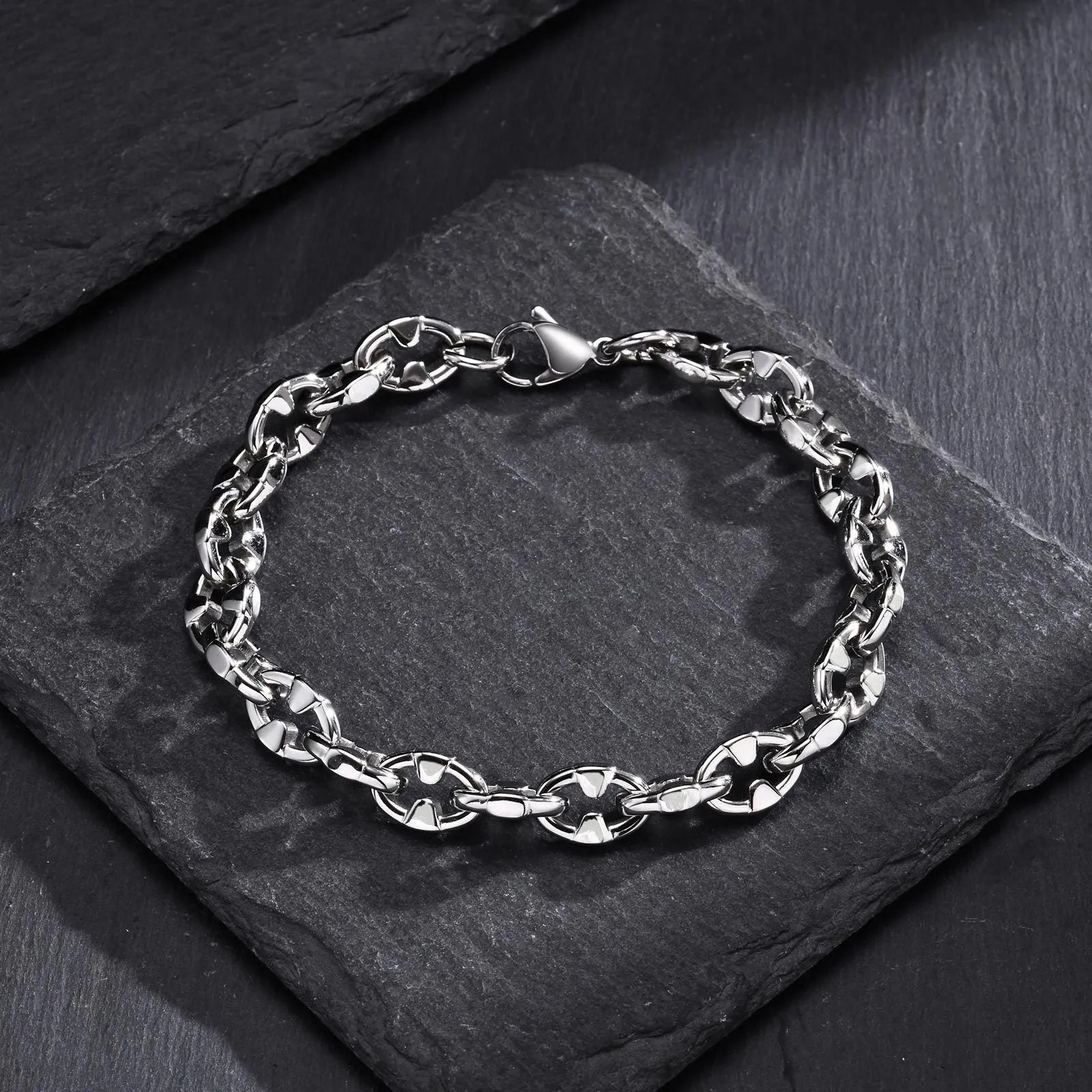 Handmade stainless steel geometric link chain bracelet in steel colour.