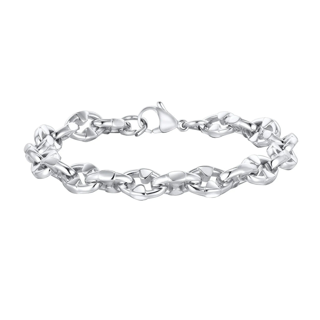 Men's stainless steel thick geometric chain bracelet in steel colour on a wrist.