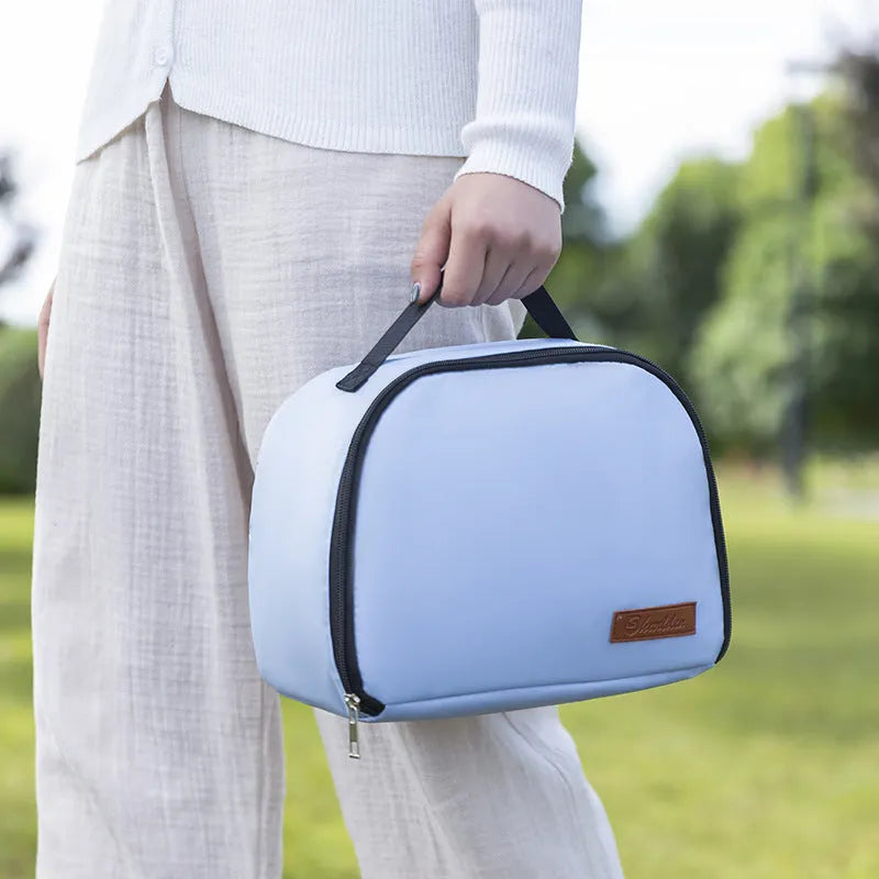 Insulated lunch box bento handbag in textured cloth with large capacity for keeping food warm