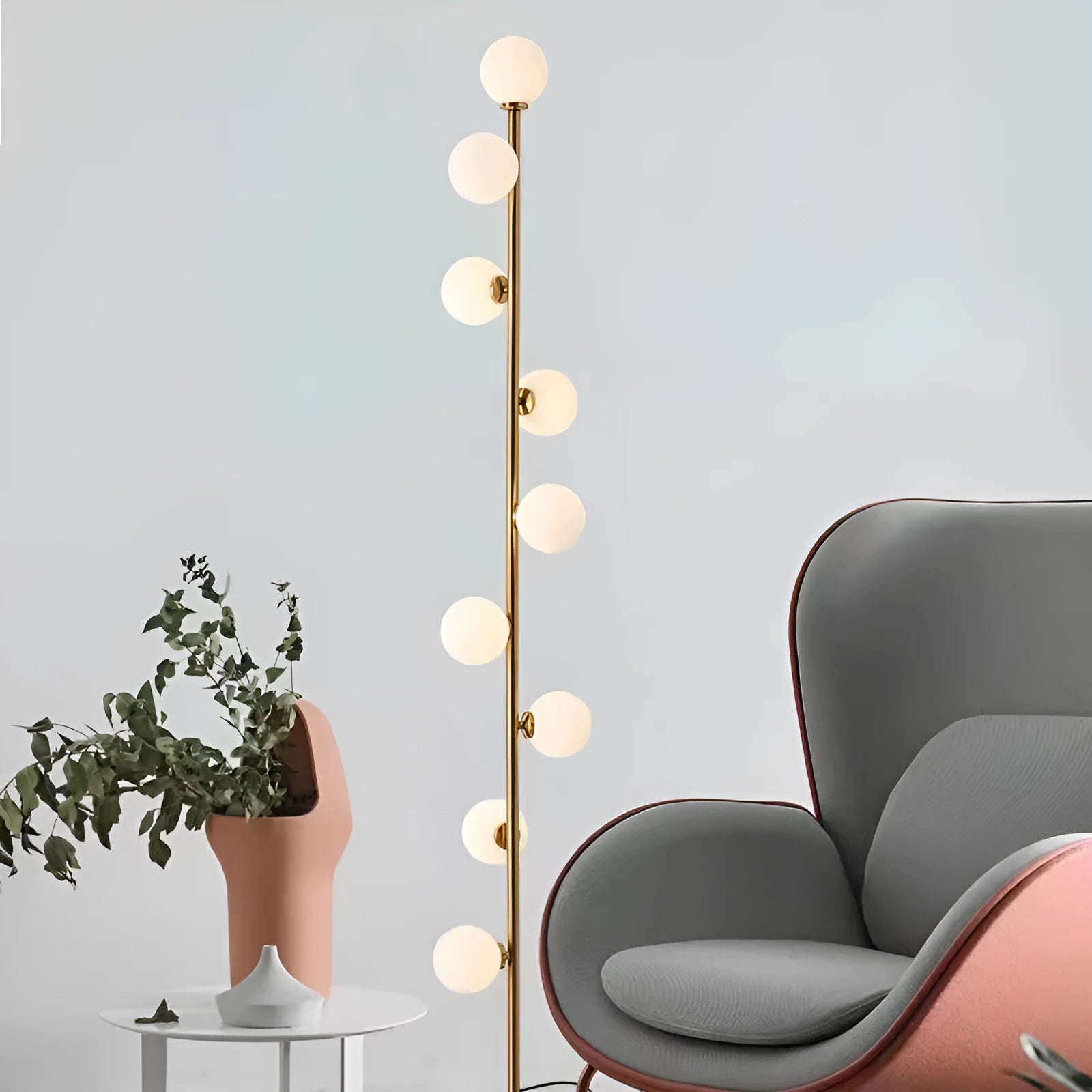 Tall minimalist Nordic floor lamp with wrought iron stand, glass details, and a marble foundation base.