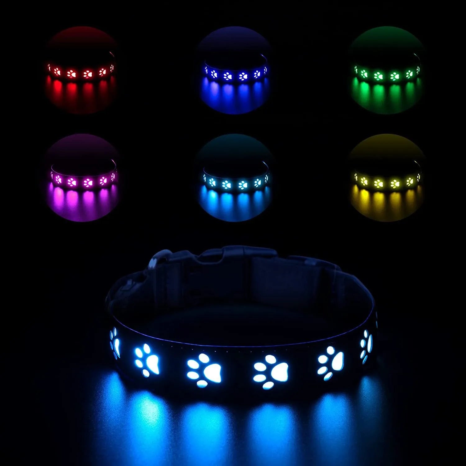 LED luminous dog collar with paw printing lit up in one of seven colours, showing adjustable strap and USB port.