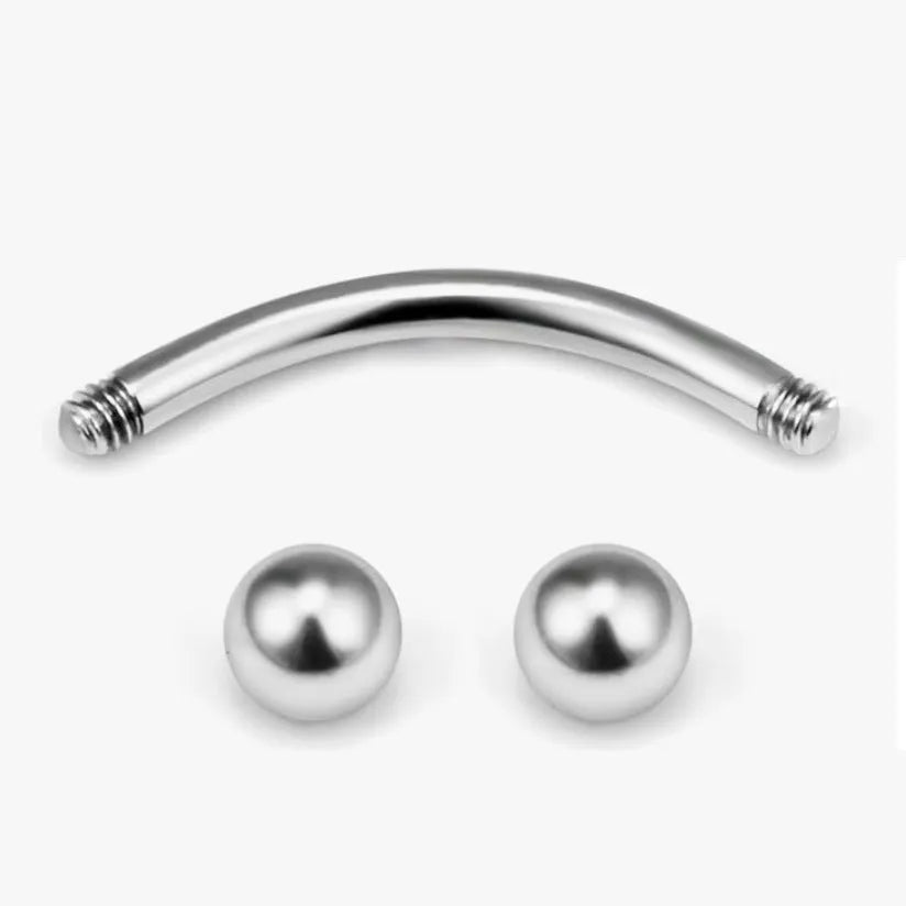 Polished titanium steel curved eyebrow piercing with steel ball end, 1.2mm thickness