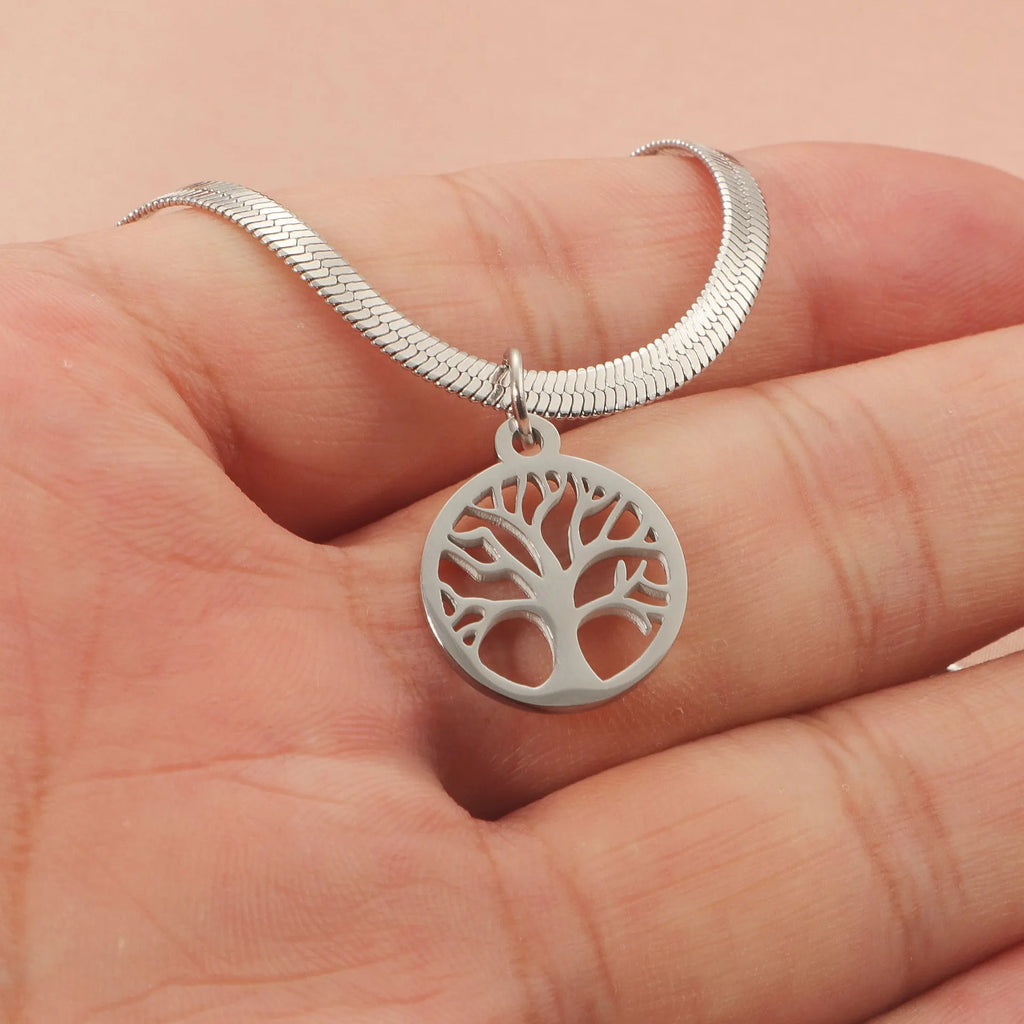 Stainless steel adjustable lucky tree necklace with a snake bone chain on a white background.