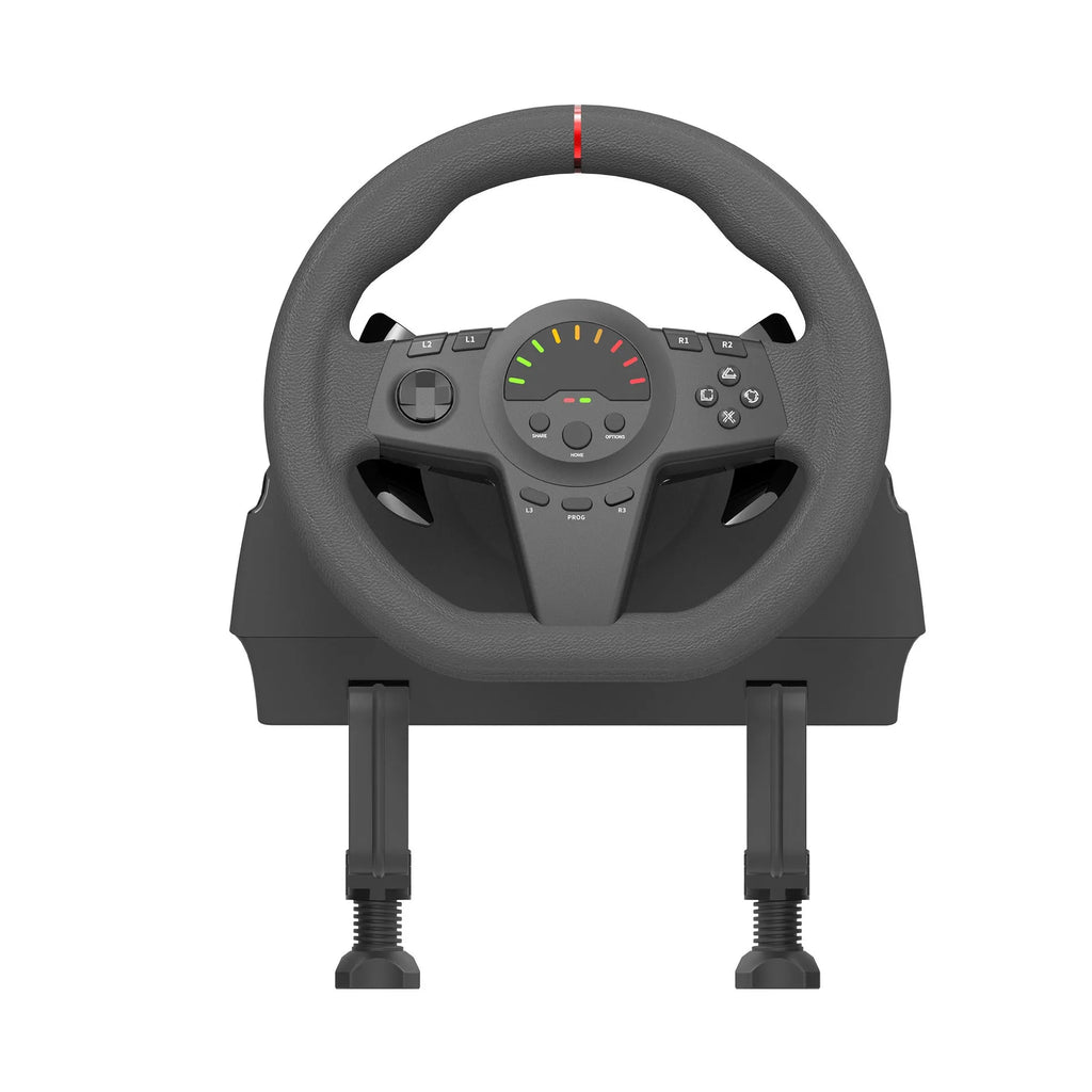 Black USB racing wheel game controller with two pedals and vibration feedback for multi-platform gaming