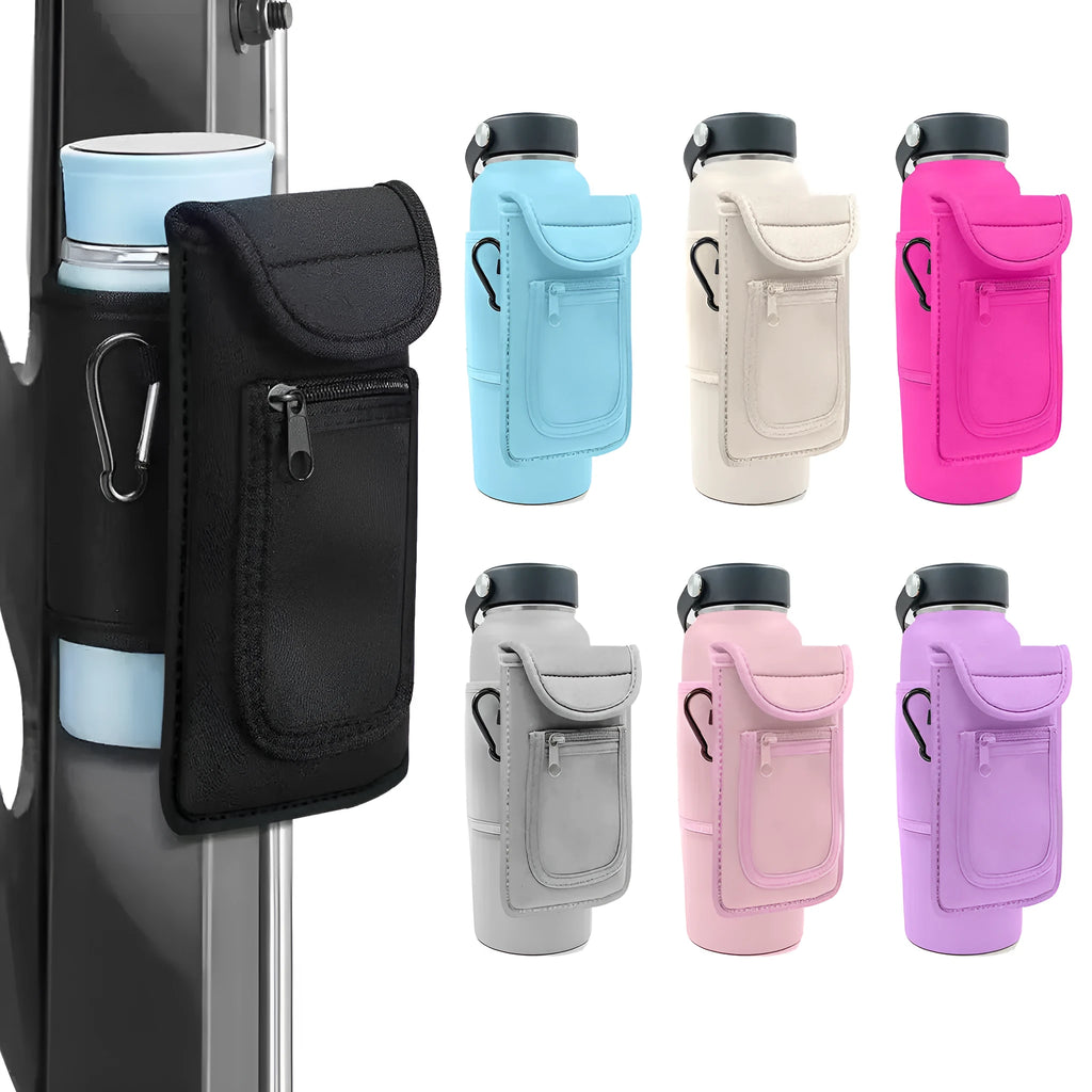 Cloth fitness kettle sleeve with magnetic and carabiner clip options in various colours.
