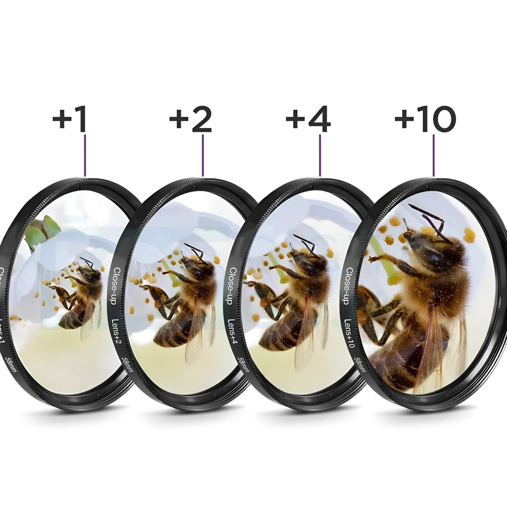 Close-up lenses four-piece set for SLR cameras with nylon bag, various sizes 40.5mm to 82mm