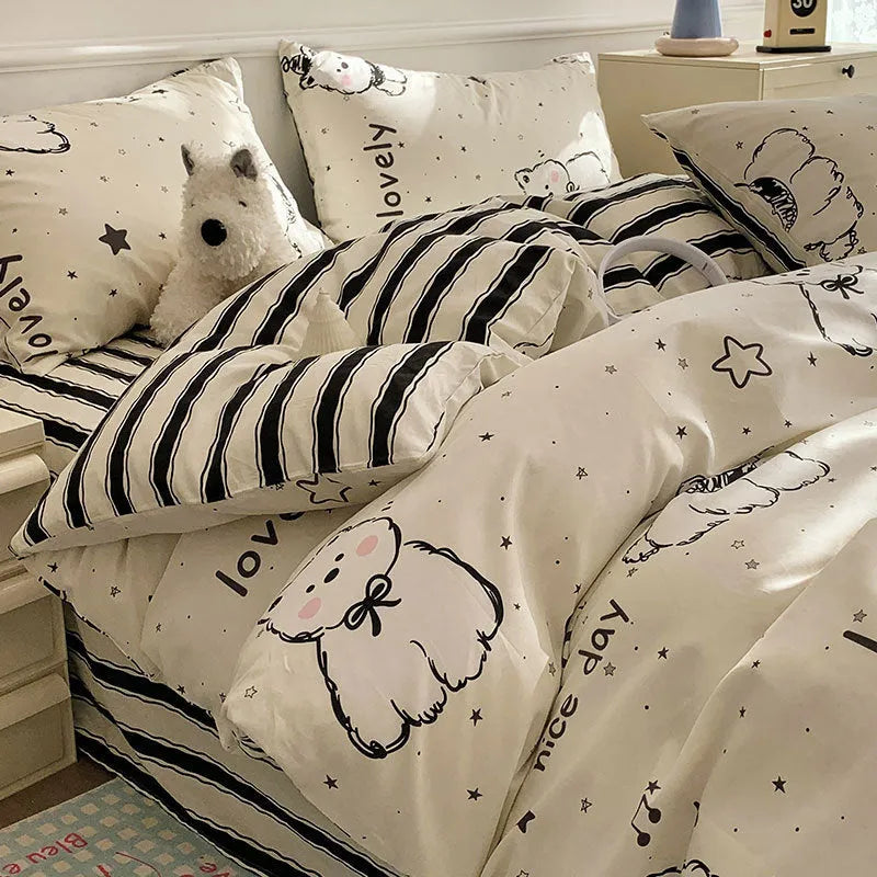 Cartoon dog print on a pure cotton duvet cover and pillowcase from a four-piece bedding set.
