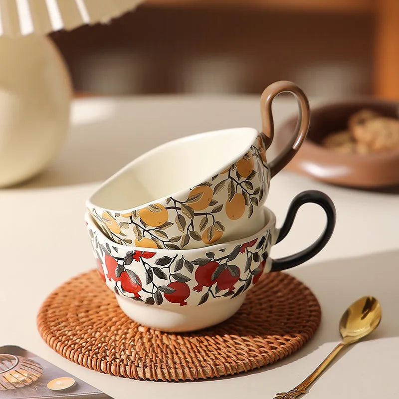Black and orange antique style ceramic coffee cup and saucer set with 210ml capacity.