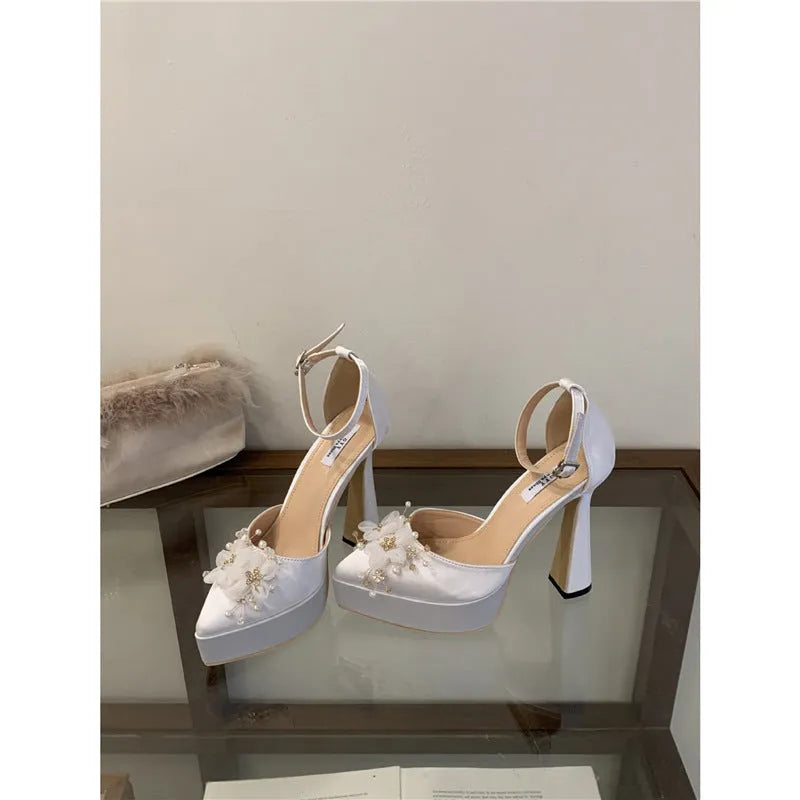 White microfiber platform high heels with oversleeves or shoe covers, mid heel 3-6cm, rubber sole, sizes 35-40