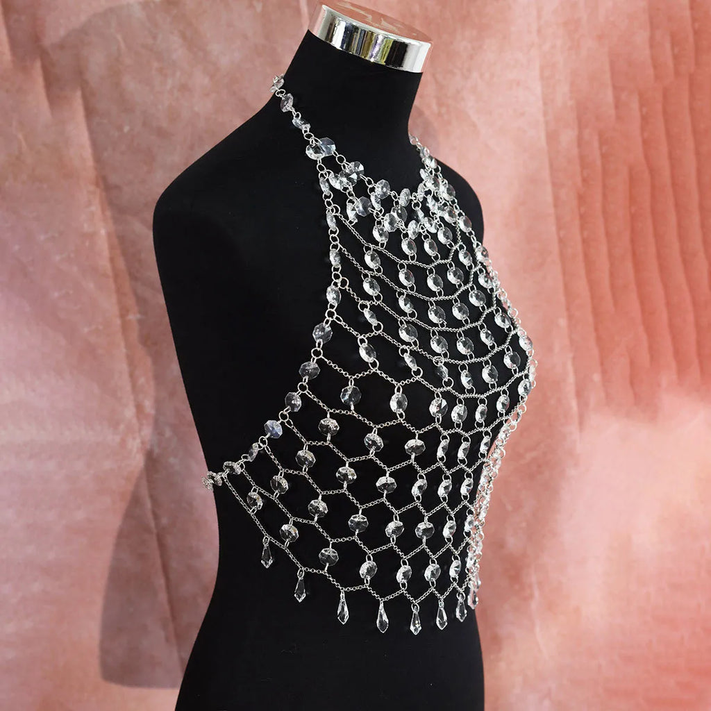 Transparent acrylic crystal sequin body chain hand-woven as chest and waist jewellery