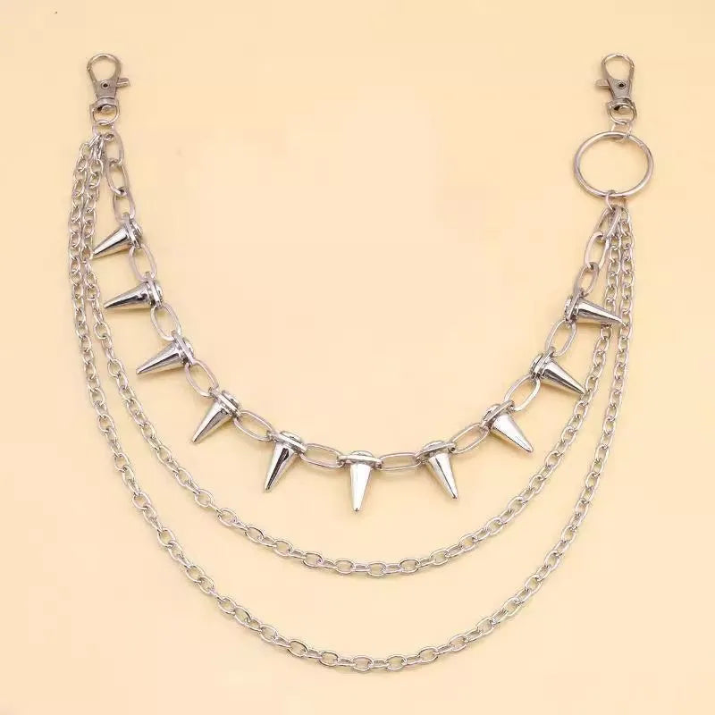 Silver metal double layer pants chain with rivet detailing for dark punk fashion 115cm length