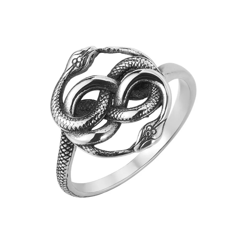 Personalised titanium steel double snake ring in steel colour on a grey background.