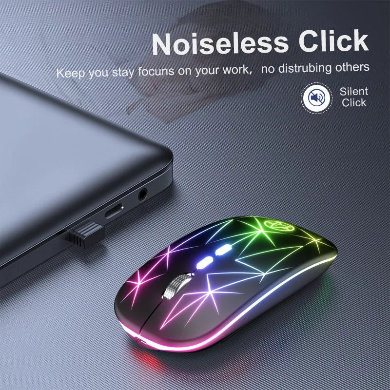 Wireless Bluetooth gaming mouse with metal scroll wheel, five buttons, and luminous charging indicator