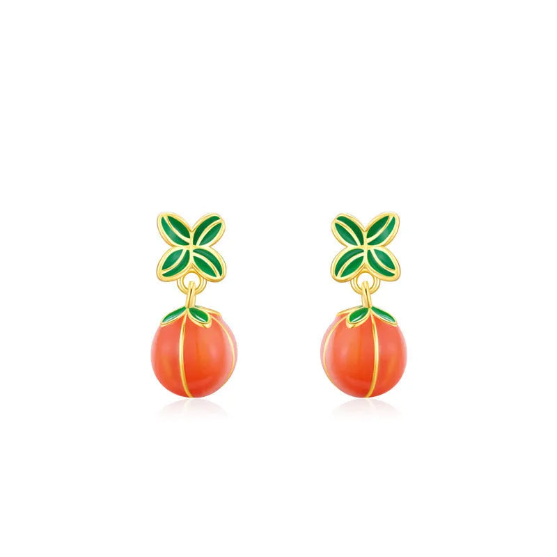 S925 sterling silver stud earrings with a red lucky persimmon charm, new Chinese style.