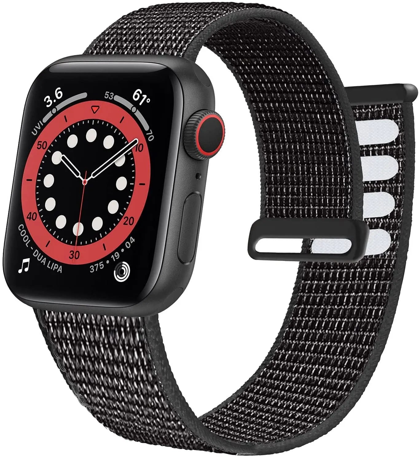 Woven nylon Apple Watch strap in multiple colours showing fabric texture and watch attachment