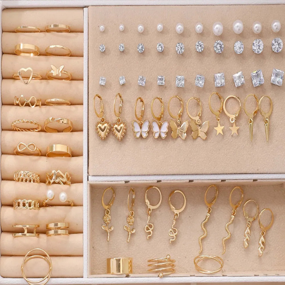 108-piece set of women's geometric pearl earrings in gold and yellow electroplated alloy
