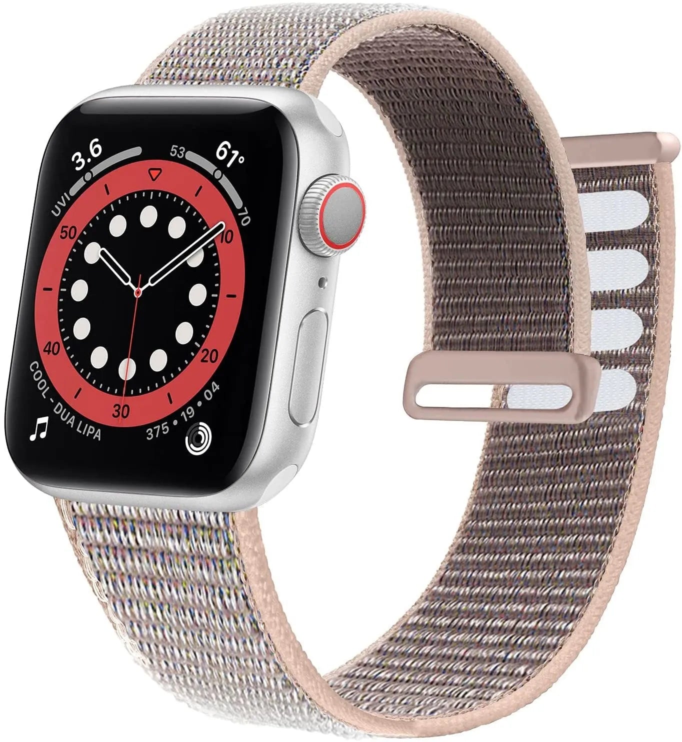 Woven nylon Apple Watch strap in multiple colours showing fabric texture and watch attachment
