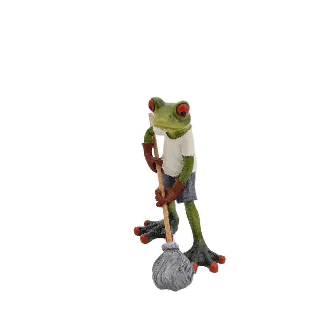 Pastoral style synthetic resin frog ornament with plastic base for shelf or desk decoration.