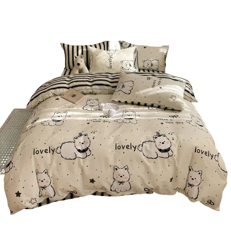 Cartoon dog print on a pure cotton duvet cover and pillowcase from a four-piece bedding set.