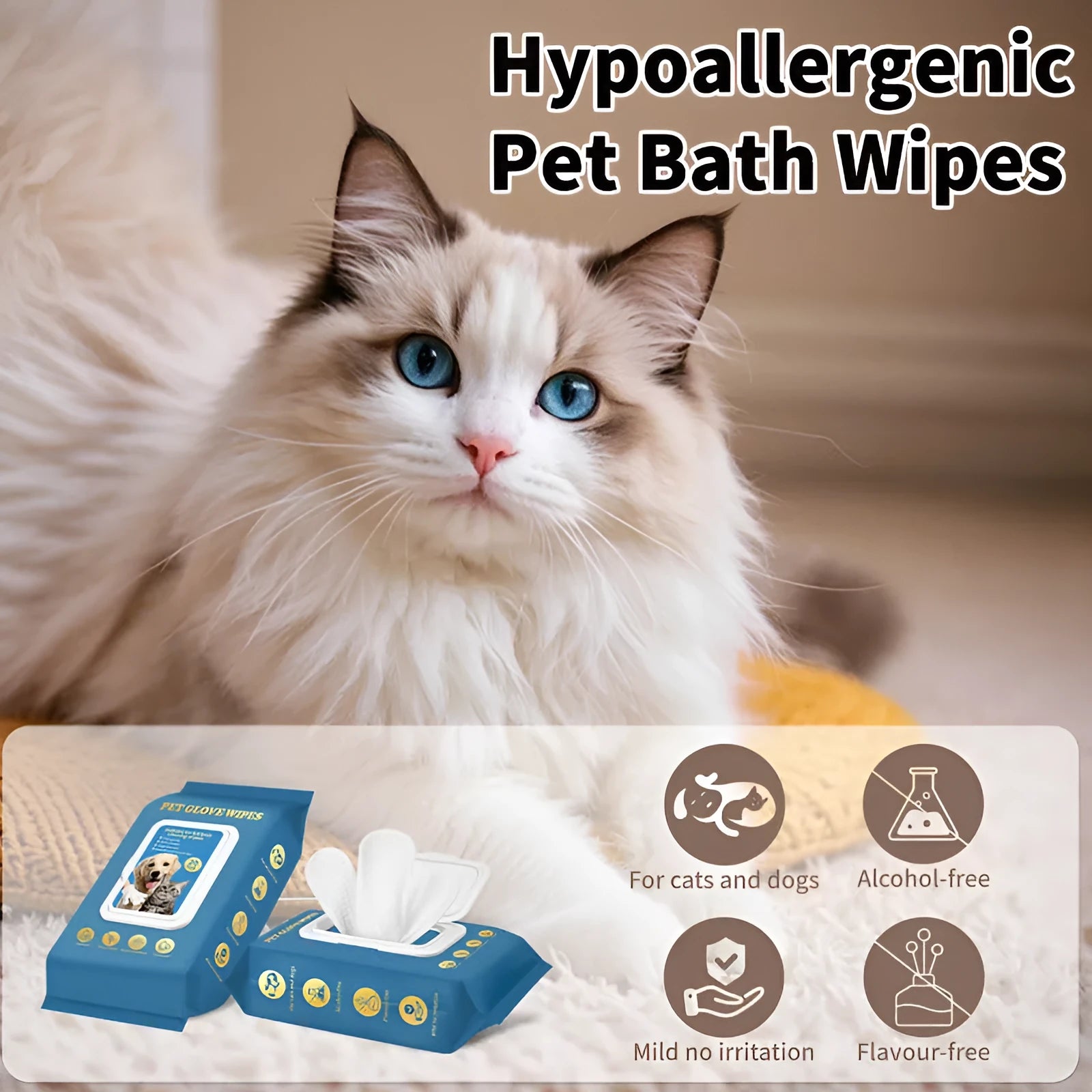 Disposable wash-free gloves for pet grooming and bath cleaning with a cat or dog.