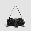 Black retro dumpling shape shoulder handbag with oil wax leather and three-dimensional outer pocket