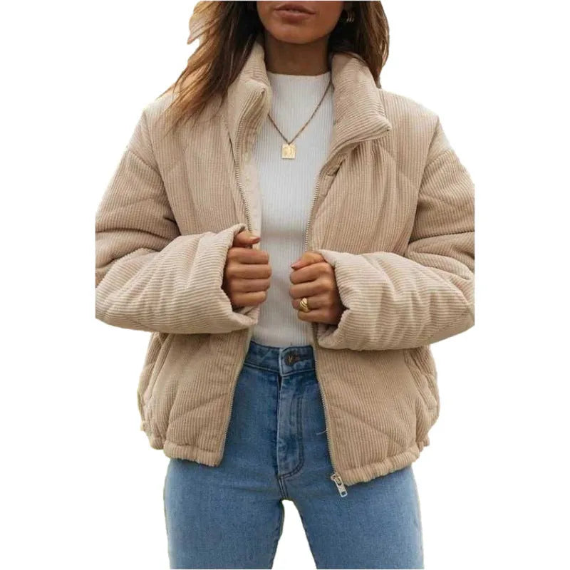 Apricot coloured women's corduroy jacket with a stand collar and full-length zipper.