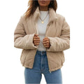 Apricot coloured women's corduroy jacket with a stand collar and full-length zipper.