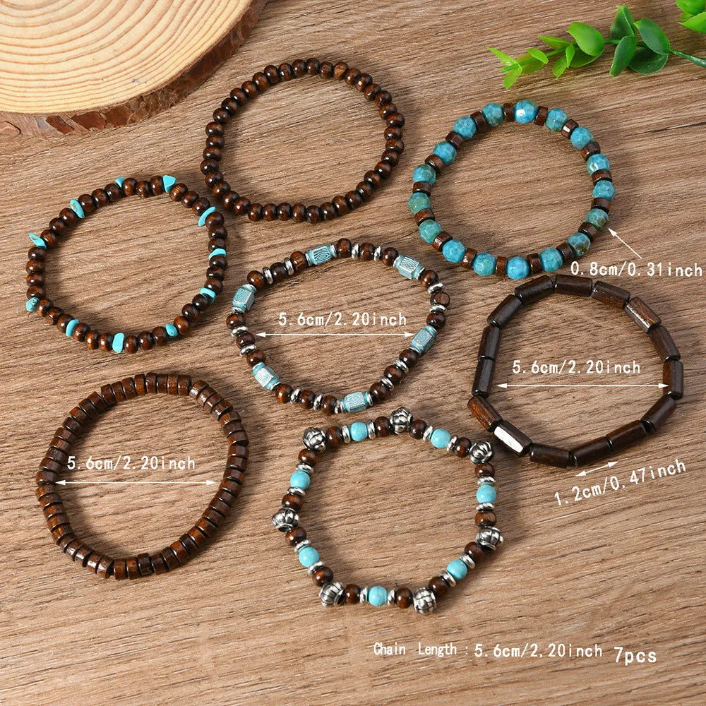Seven retro bracelets with stone and wooden beads in multicolour set