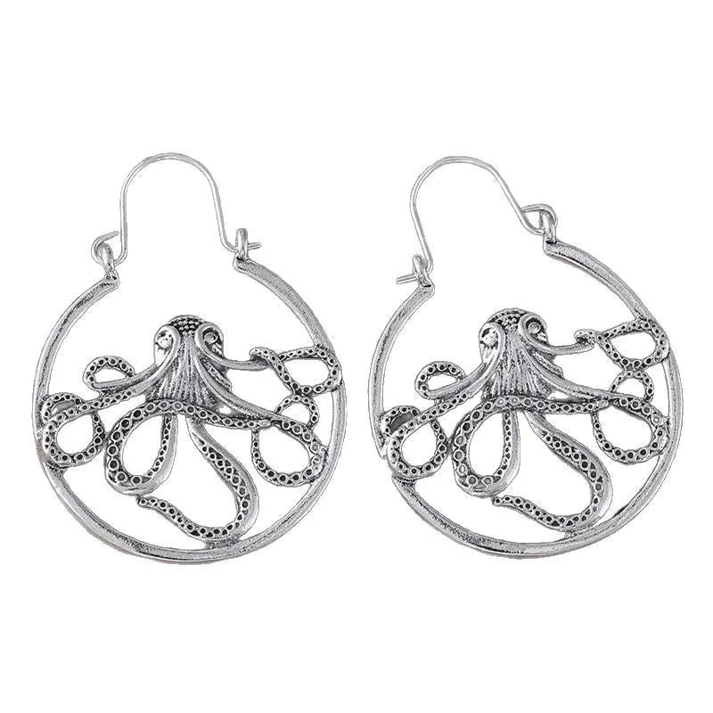 Vintage antique silver octopus earrings in zinc alloy with electroplated finish