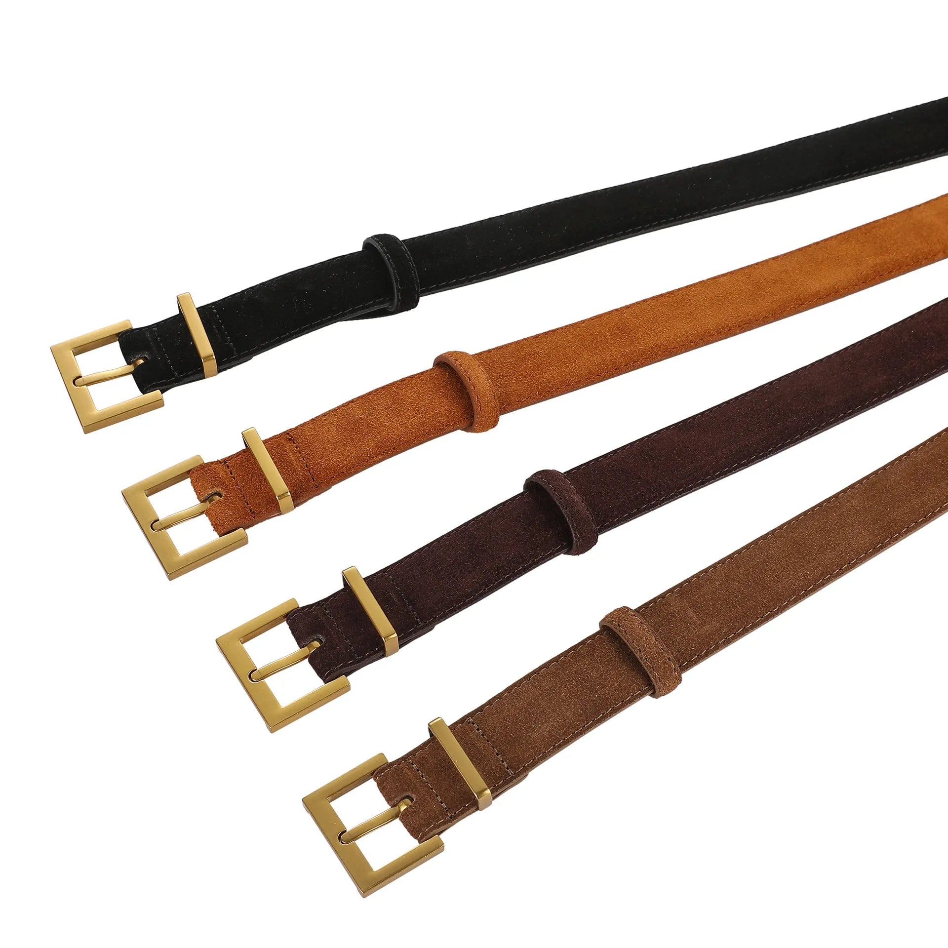 Ladies' brown leather belt with quadrilateral alloy pin buckle showing punching holes along 100cm length