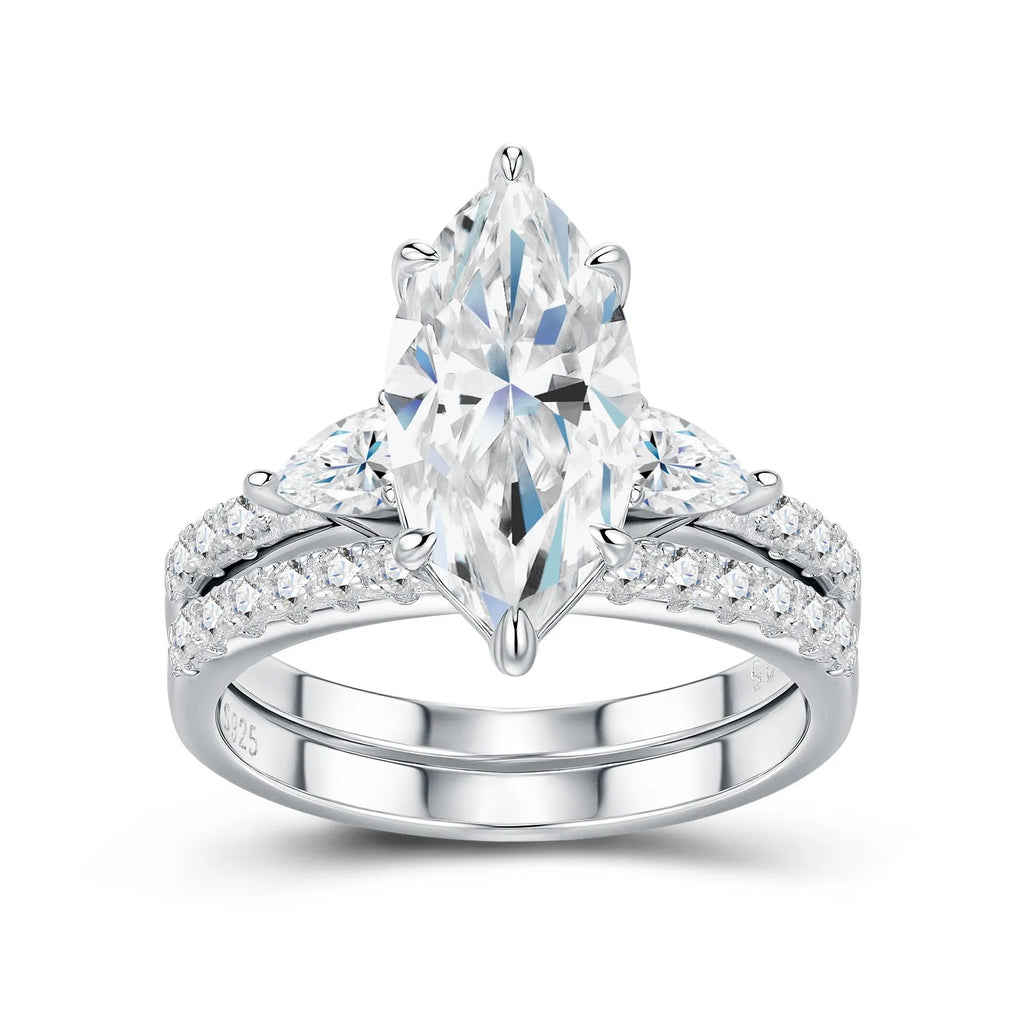 Silver moissanite ring with horse eye geometric inlay on white background