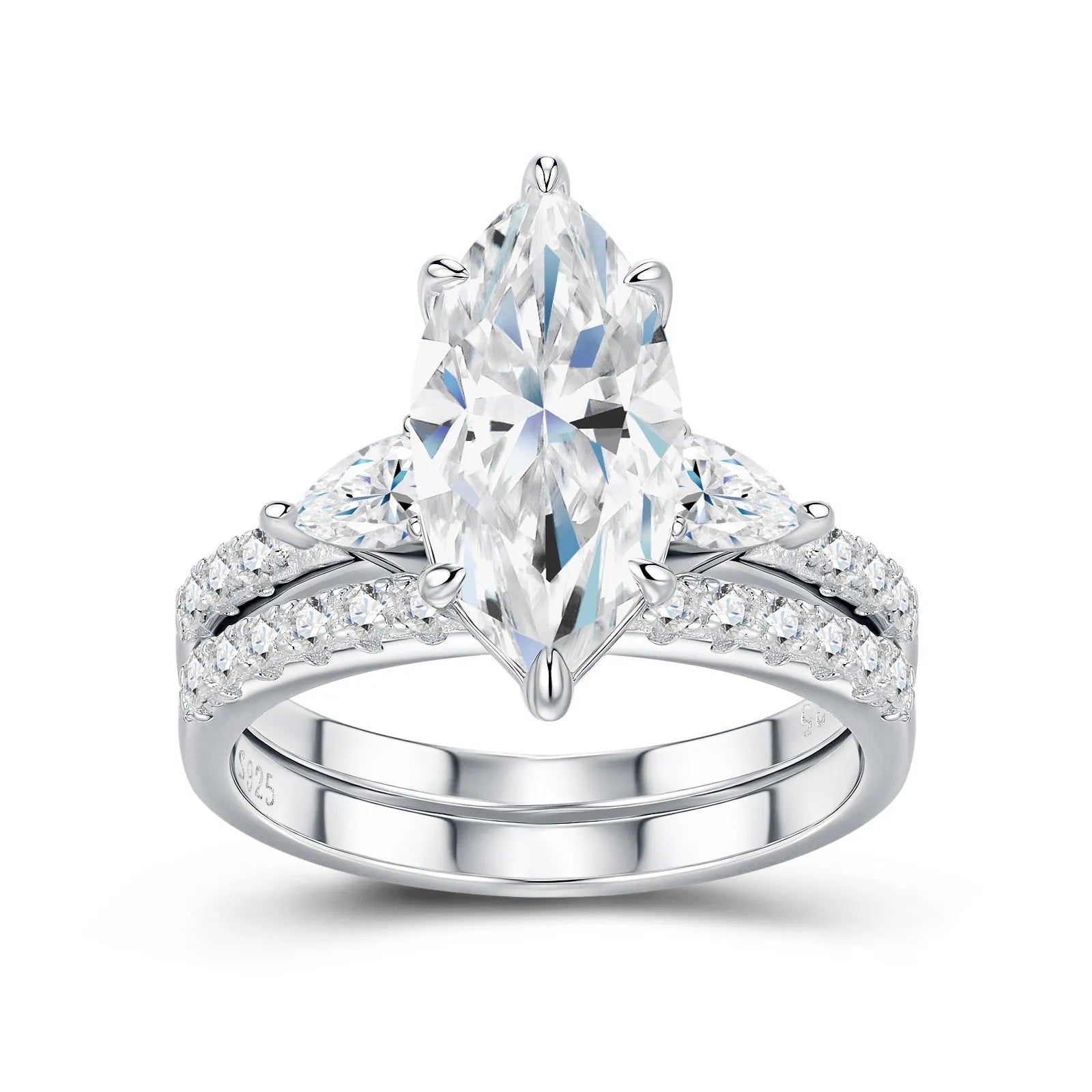 Silver moissanite ring with horse eye geometric inlay on white background