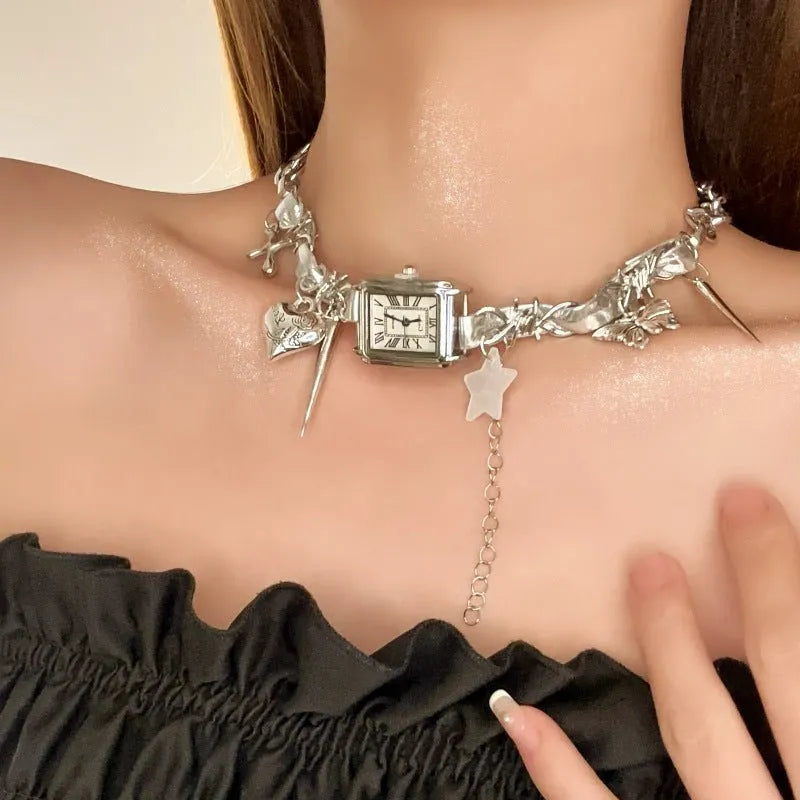 Dark style women's multi-layer cross necklace with adjustable alloy chain and hemp flower links